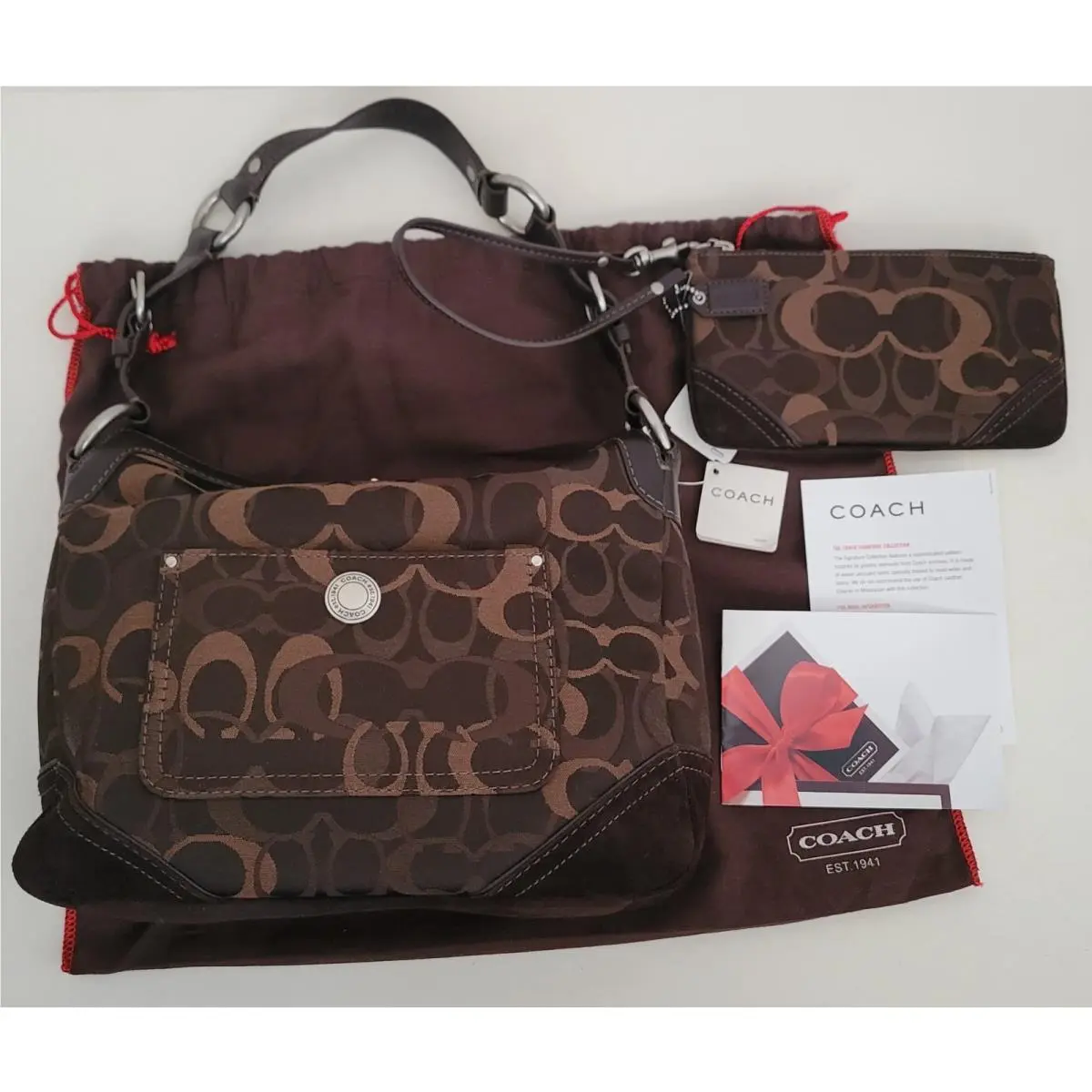 Coach Signature Purse G06K-10142 Dark Chocolate Silver Hobo Bag w/ Wristlet
