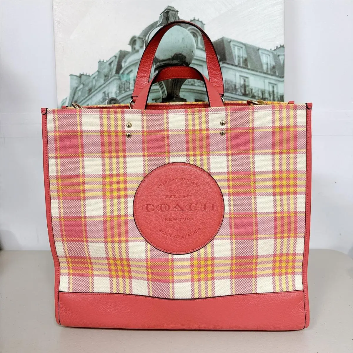 Coach C8200 Dempsey Tote 40 with Garden Plaid Print and Coach Patch In Taffy