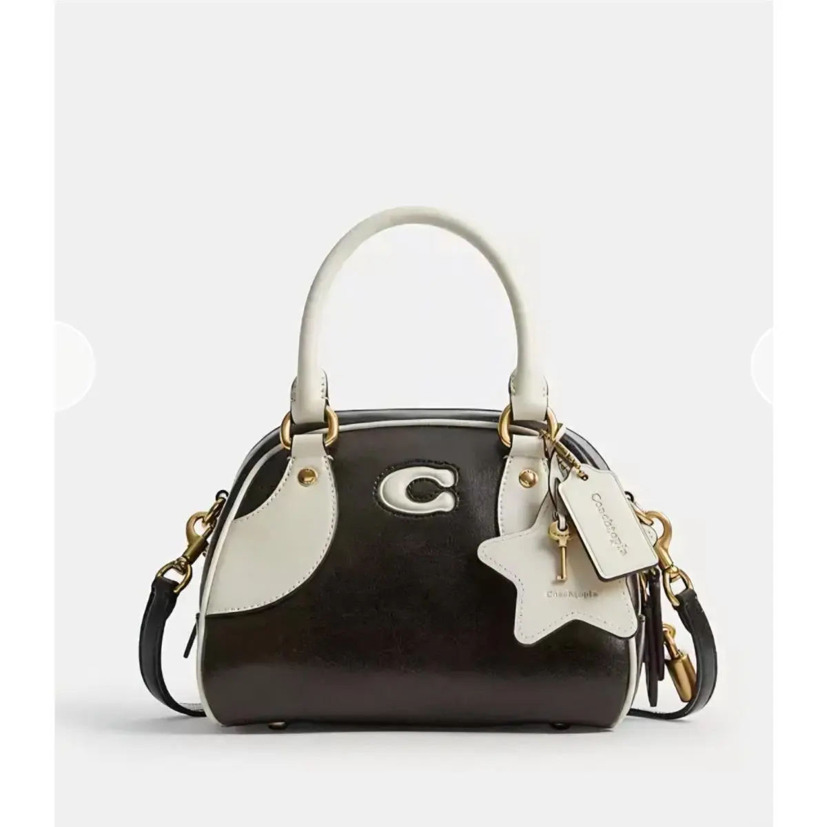 Coach Bowling Top Handle Bag Black White Upcrafted Leather Handbag CDU48