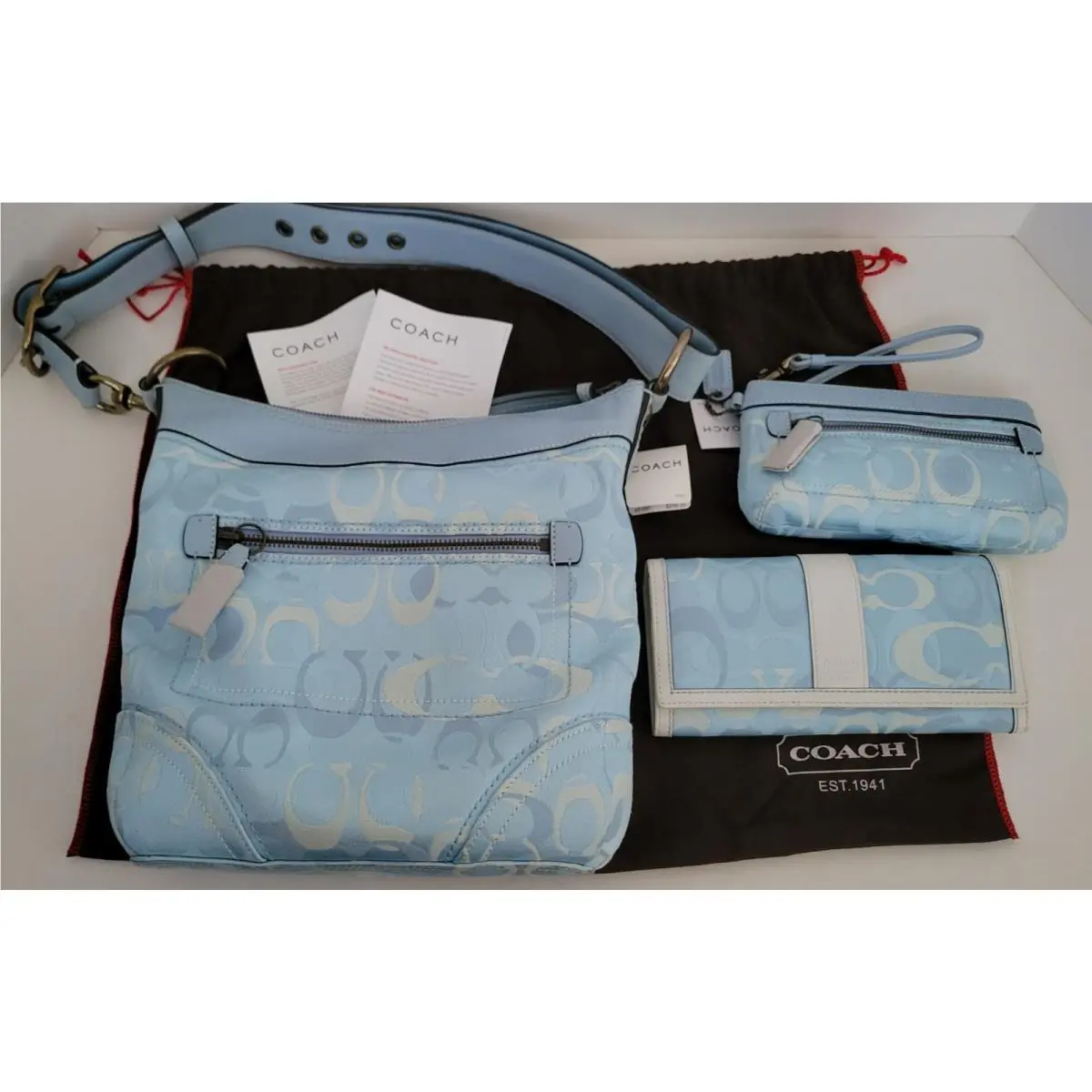 Coach Signature Purse L0651-10378 Baby Blue Bag Matching Wallet Duffel Tags
