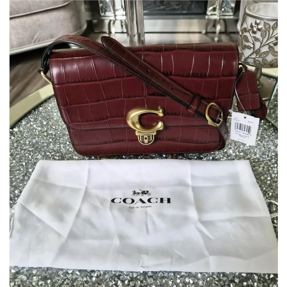 Coach Embossed Crocodile Studio Shoulder Bag with Dustbag Wine/brass