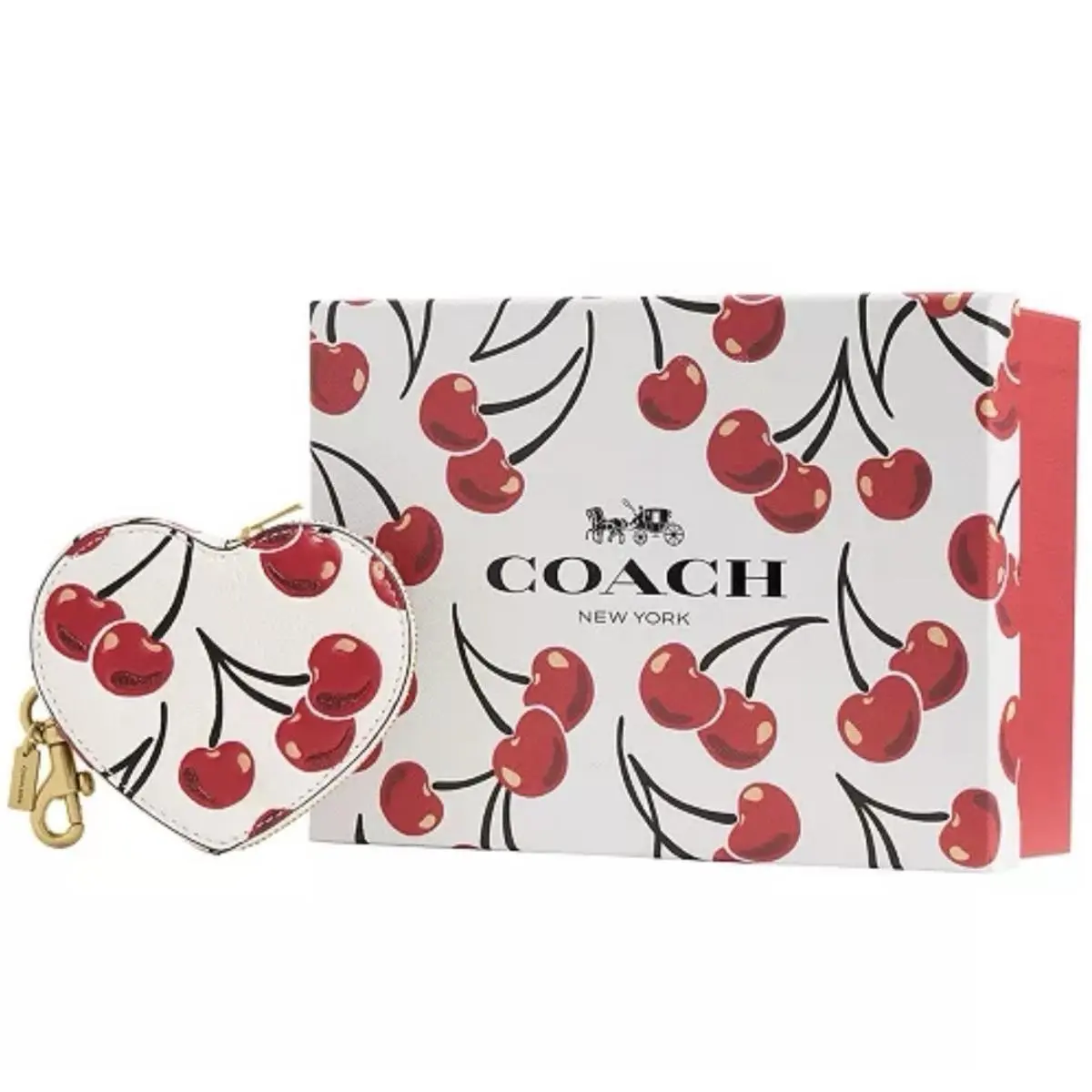 Coach Boxed Cherry Print Leather Heart Coin Purse Bag Charm