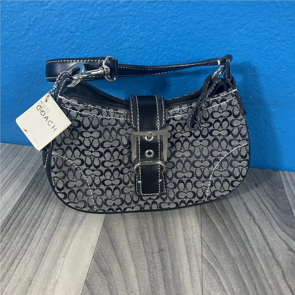 Coach Signature C Demi Baguette Shoulder Bag Black Gray Canvas Leather Trim