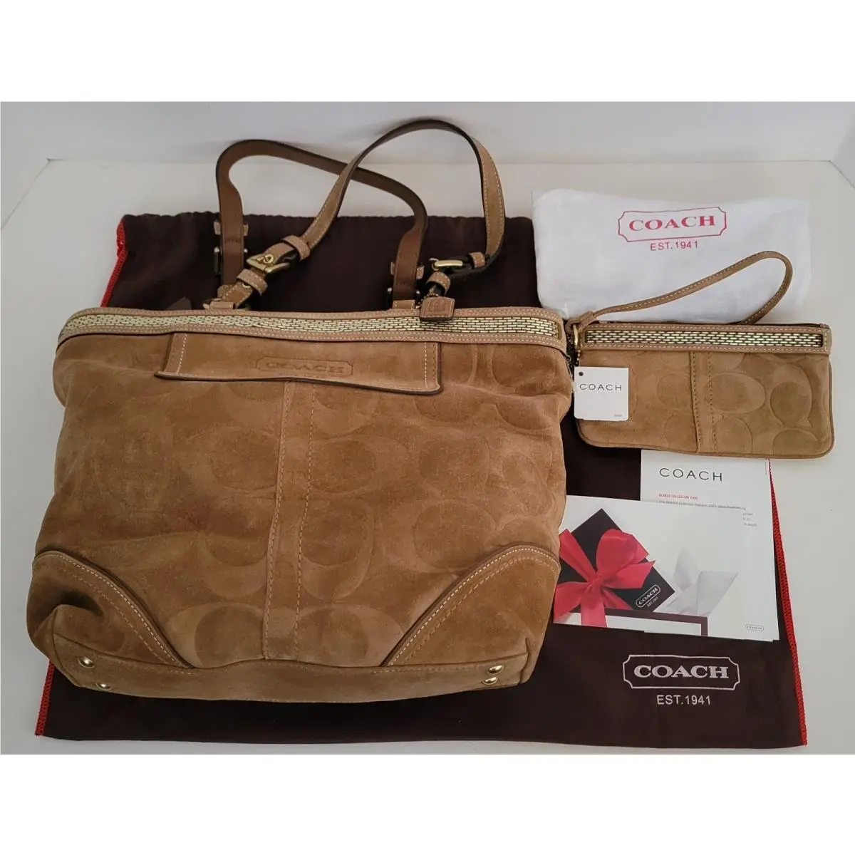 Coach Signature Purse H0693-10442 Hazel Brown Suede Tote Bag w/ Wristlet Tag