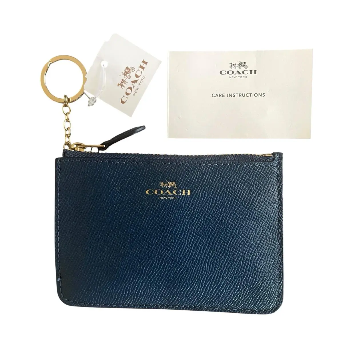 Coach F57854 Marina Blue Crossgrain Leather Gold Key Chain Gusset Zip Pouch