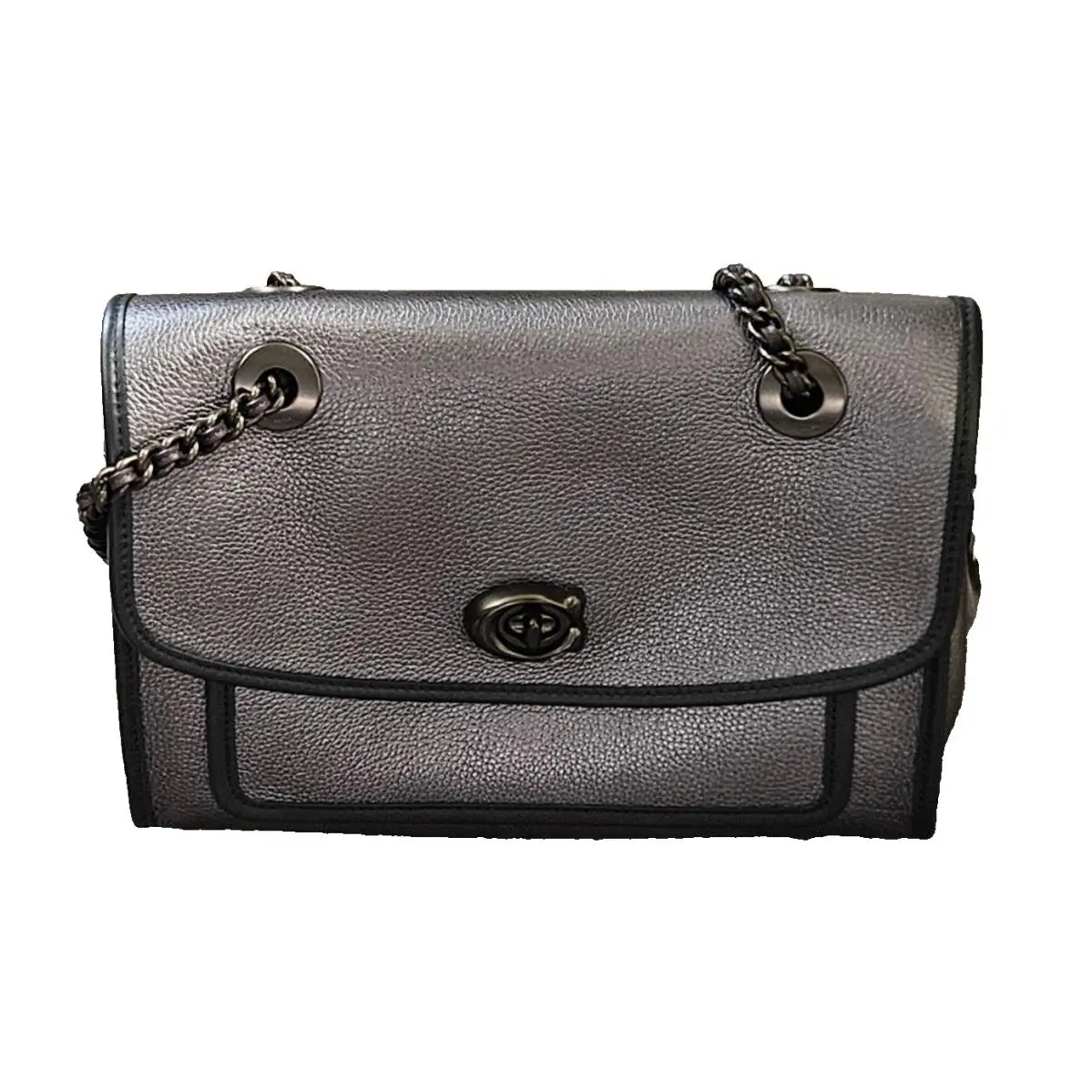 Coach Parker Leather Turnlock Chain Shoulder Crossbody Bag Metallic Gray 76918