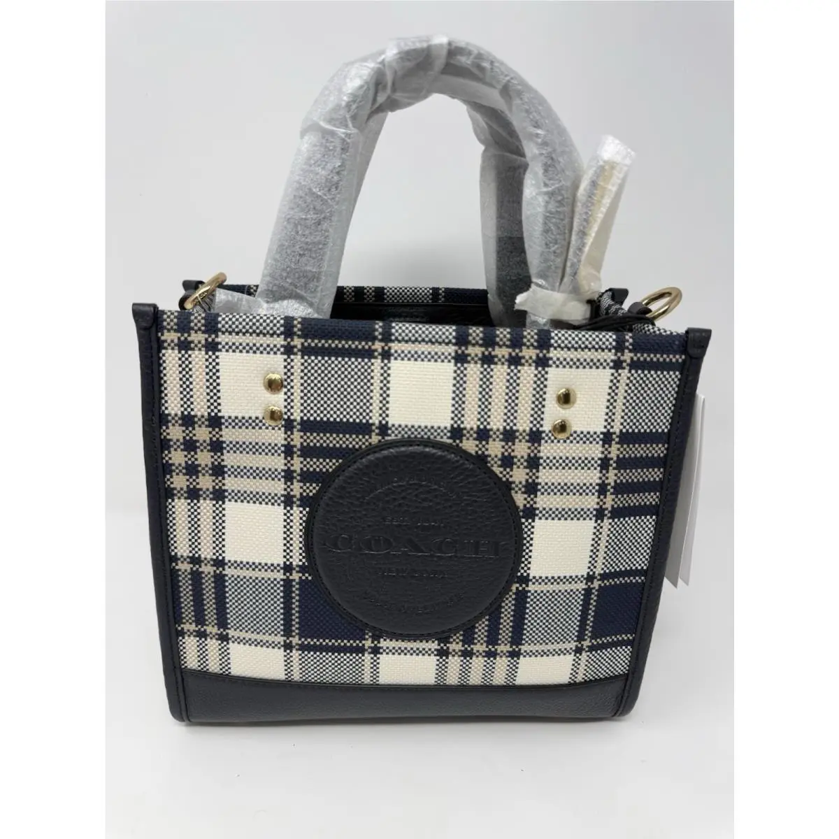 Coach Dempsey Tote Garden Plaid Gold/midnight Multi with Coach Patch C8198
