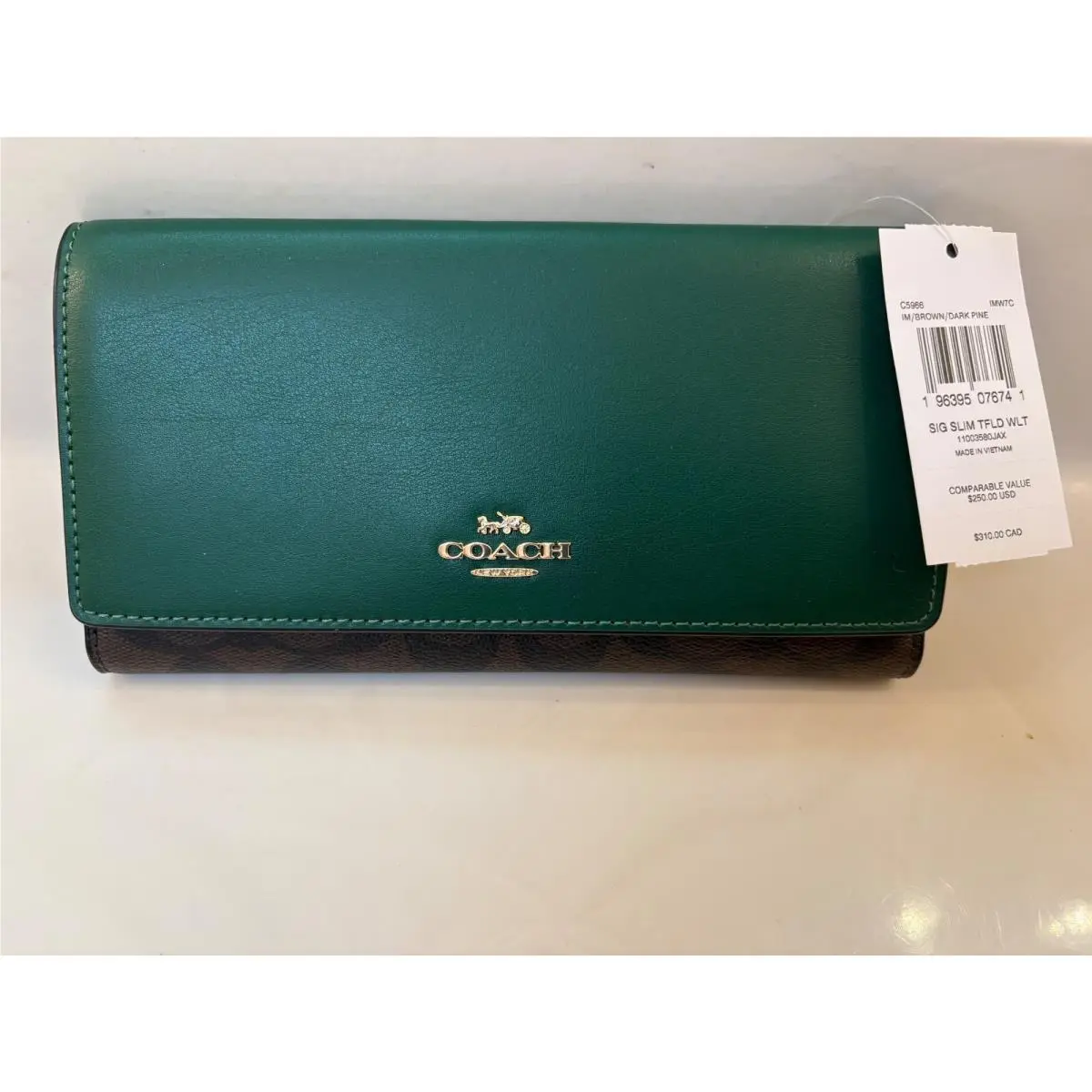 Coach Signature Slim Tri-fold Wallet Green C5966