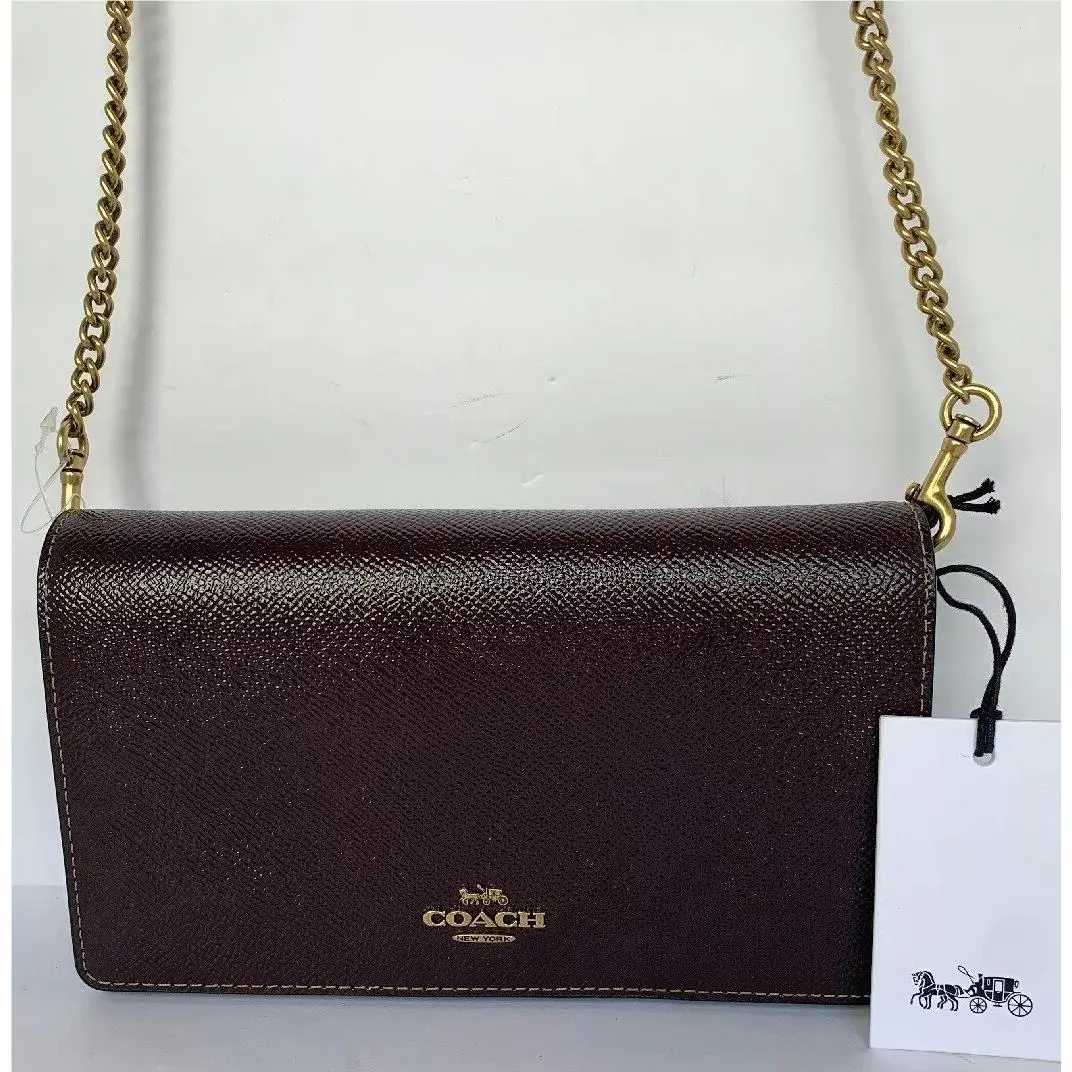 Coach Brown Fold-over Chain Clutch In Crossgrain Patent Leather Gold Hardware