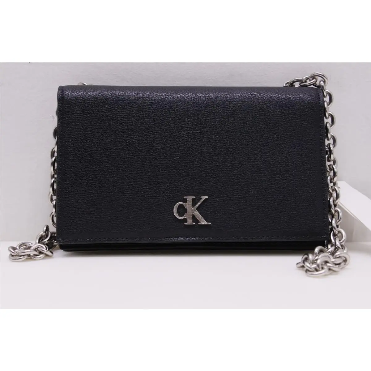 Calvin Klein Minimal Monogram Chain Strap Wallet Black Silver Chain Designer