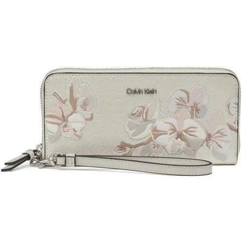 Calvin Klein Logo Floral Embossed Zip Around Wristlet Wallet Bag Boxed