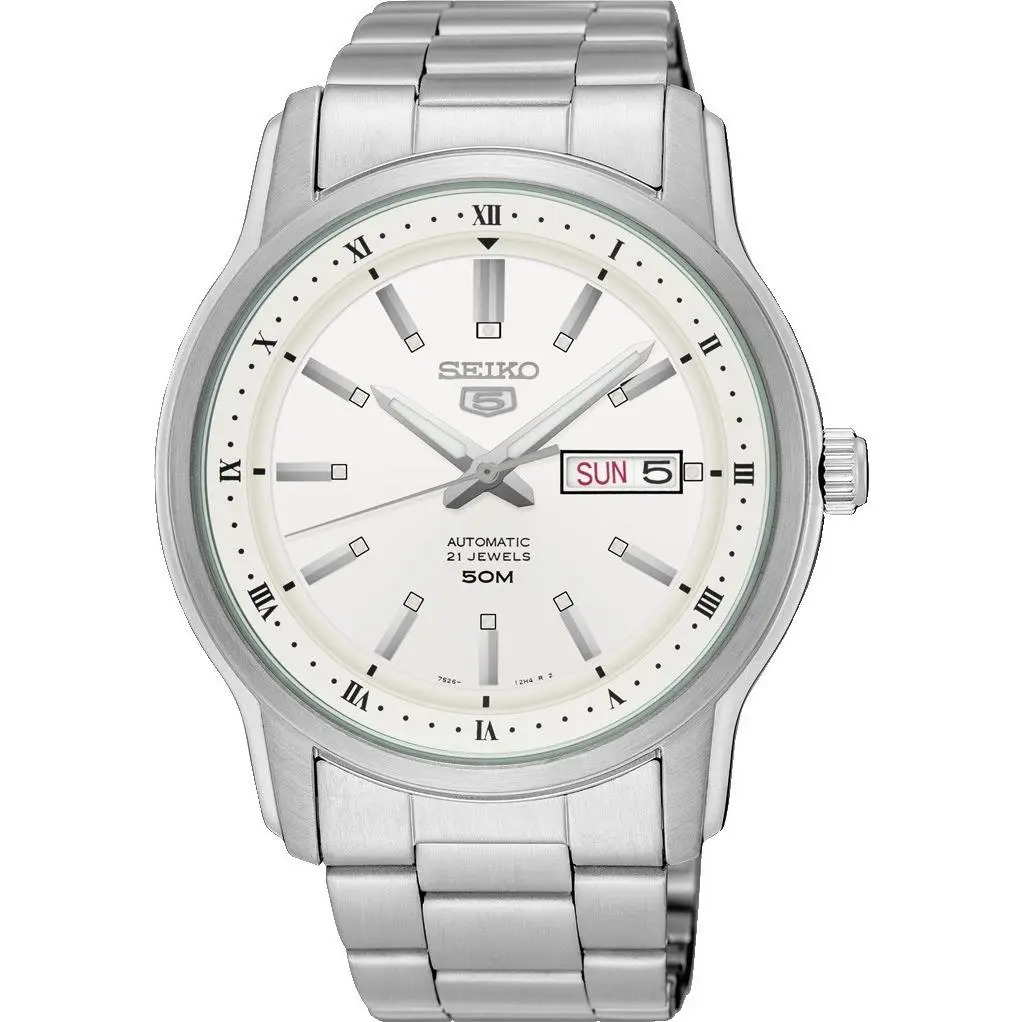 Seiko 5 SNKP09 Men`s Stainless Steel White Dial 50M Day Date Automatic Watch