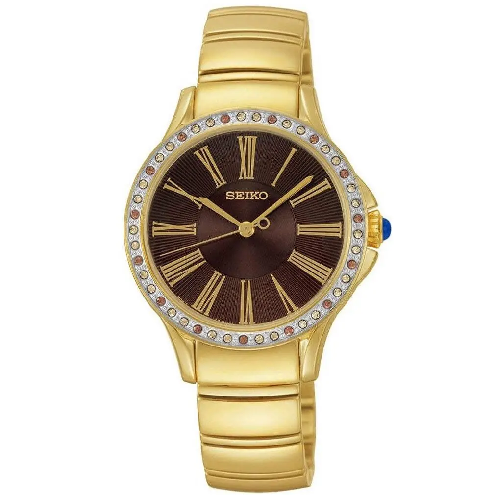 Seiko Swarovski Gold/black Dial Women`s Analog Quartz Watch SRZ444P1