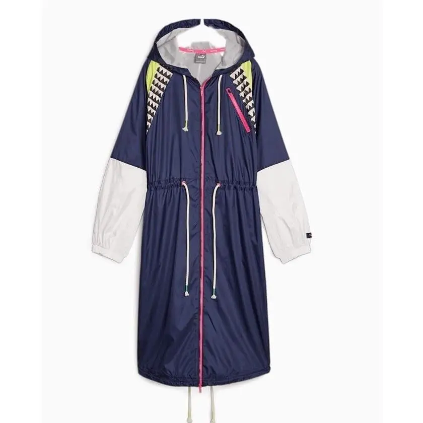 Puma Lemlem Jacket Womens L Blue Long Hooded Colorblock Windbreaker