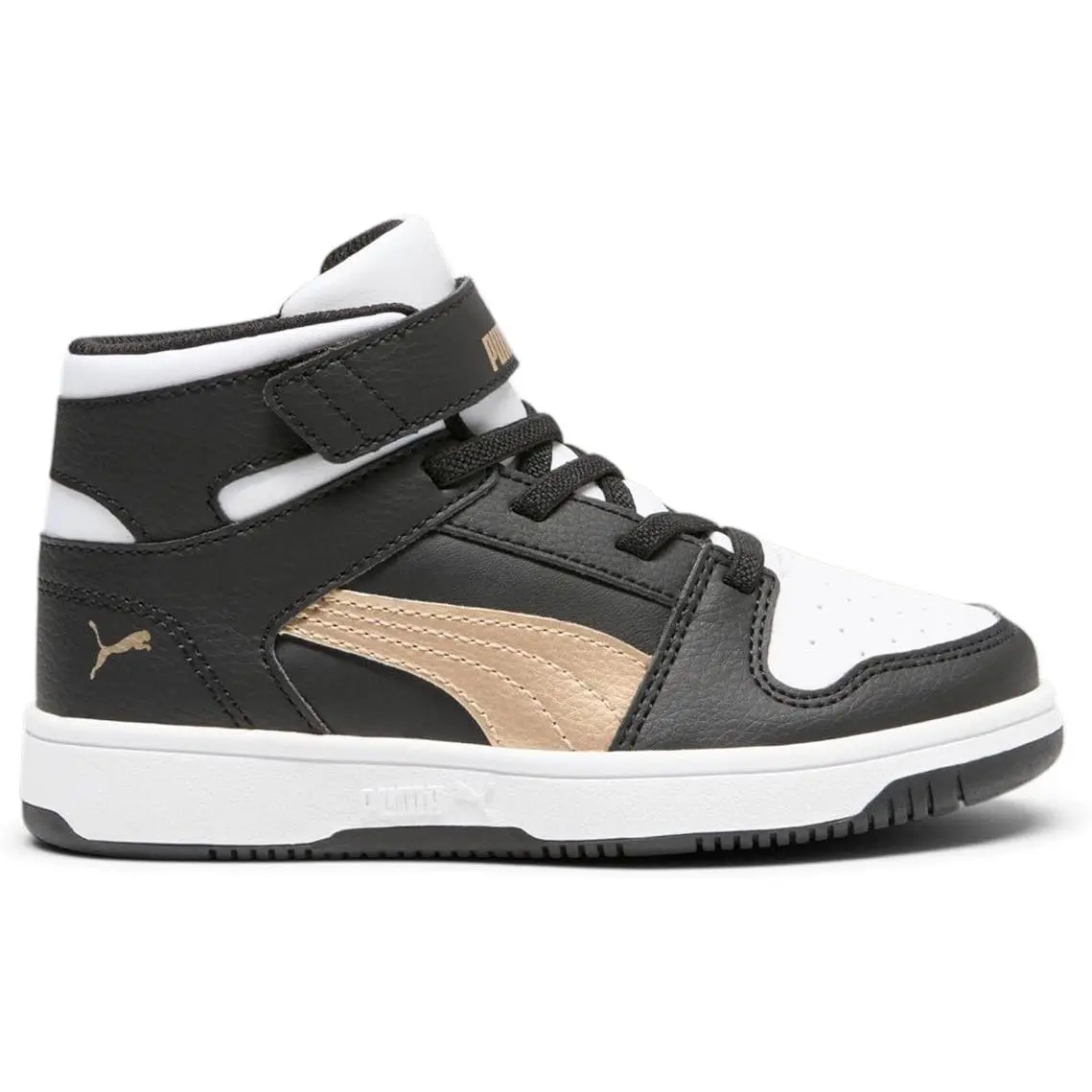 Puma Rebound Layup Mid Kids Sneakers Size 12 Black Gold Hook Loop Basketball