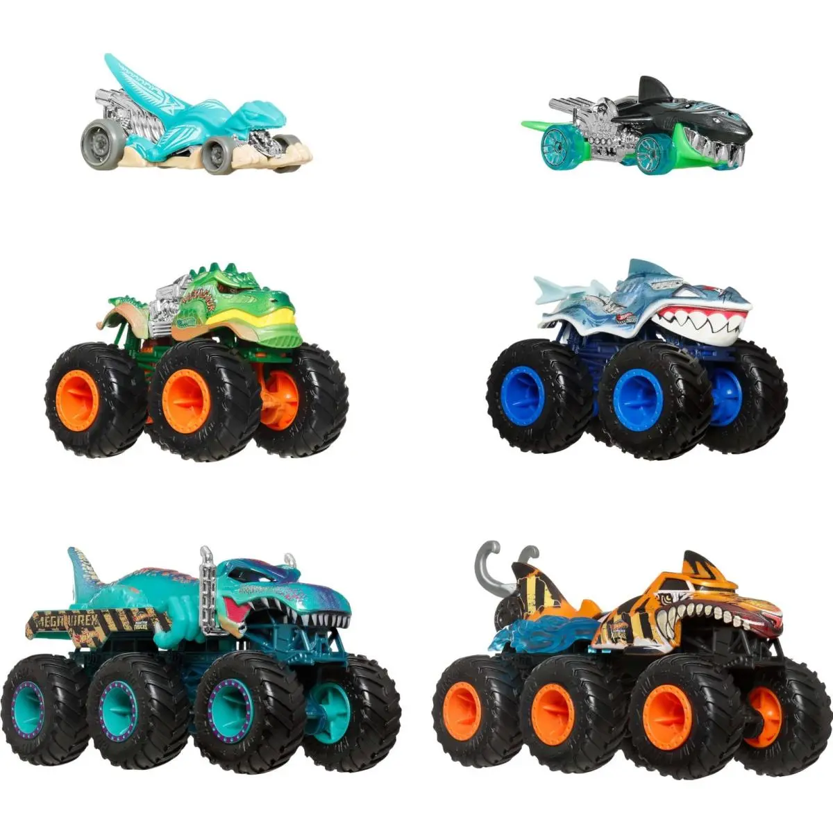 Hot Wheels Toy Cars Monster Trucks Sharks Vs. Dinos Multipack with 2 Big Rigs