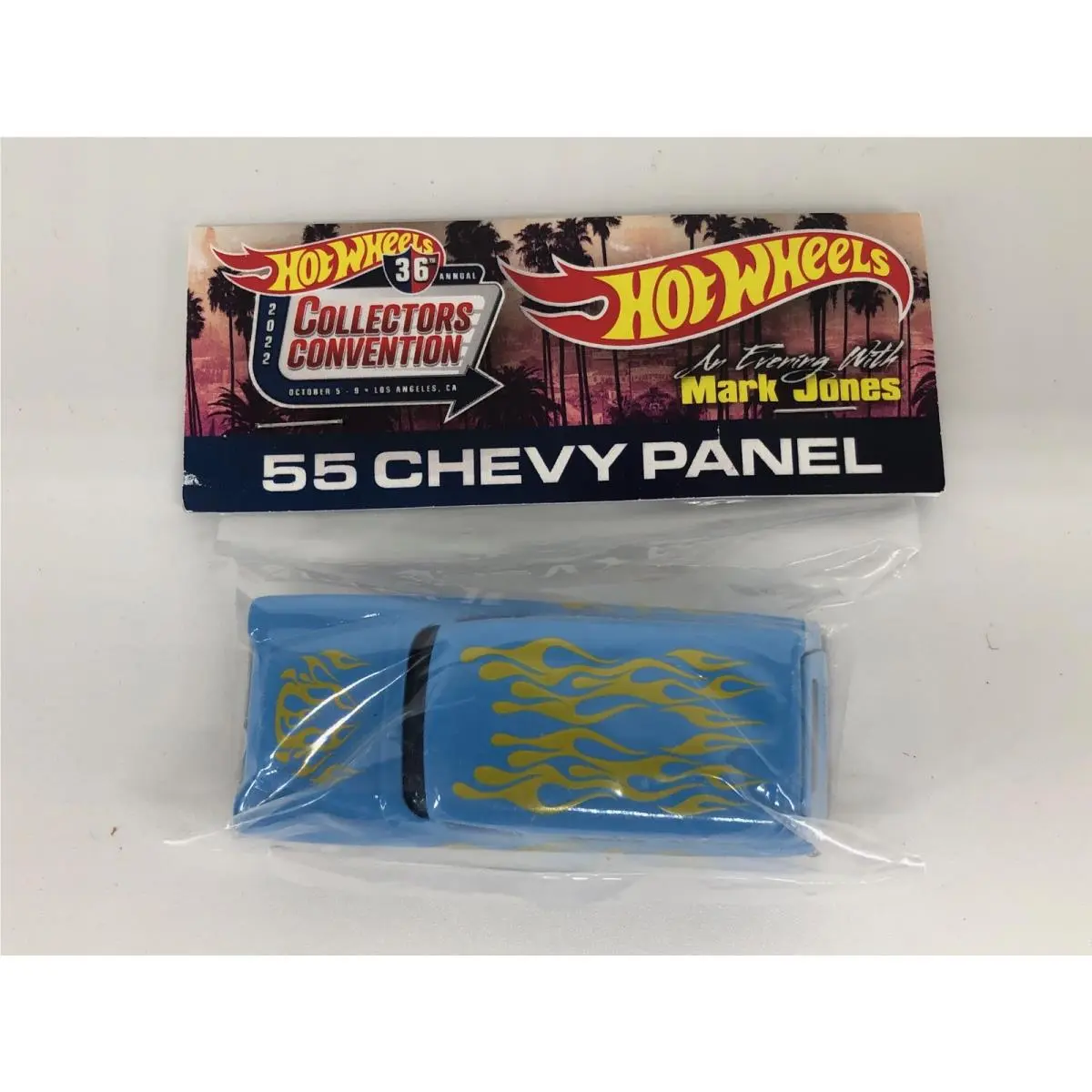 Hot Wheels 2022 55 Chevy Panel Light Blue Flames Mark Jones Convention Baggie