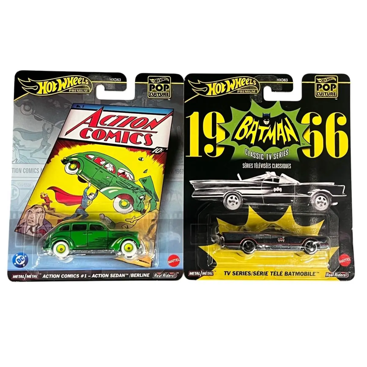 Hot Wheels Premium Pop Culture Action Comics Sedan + Batman 66 Batmobile Set