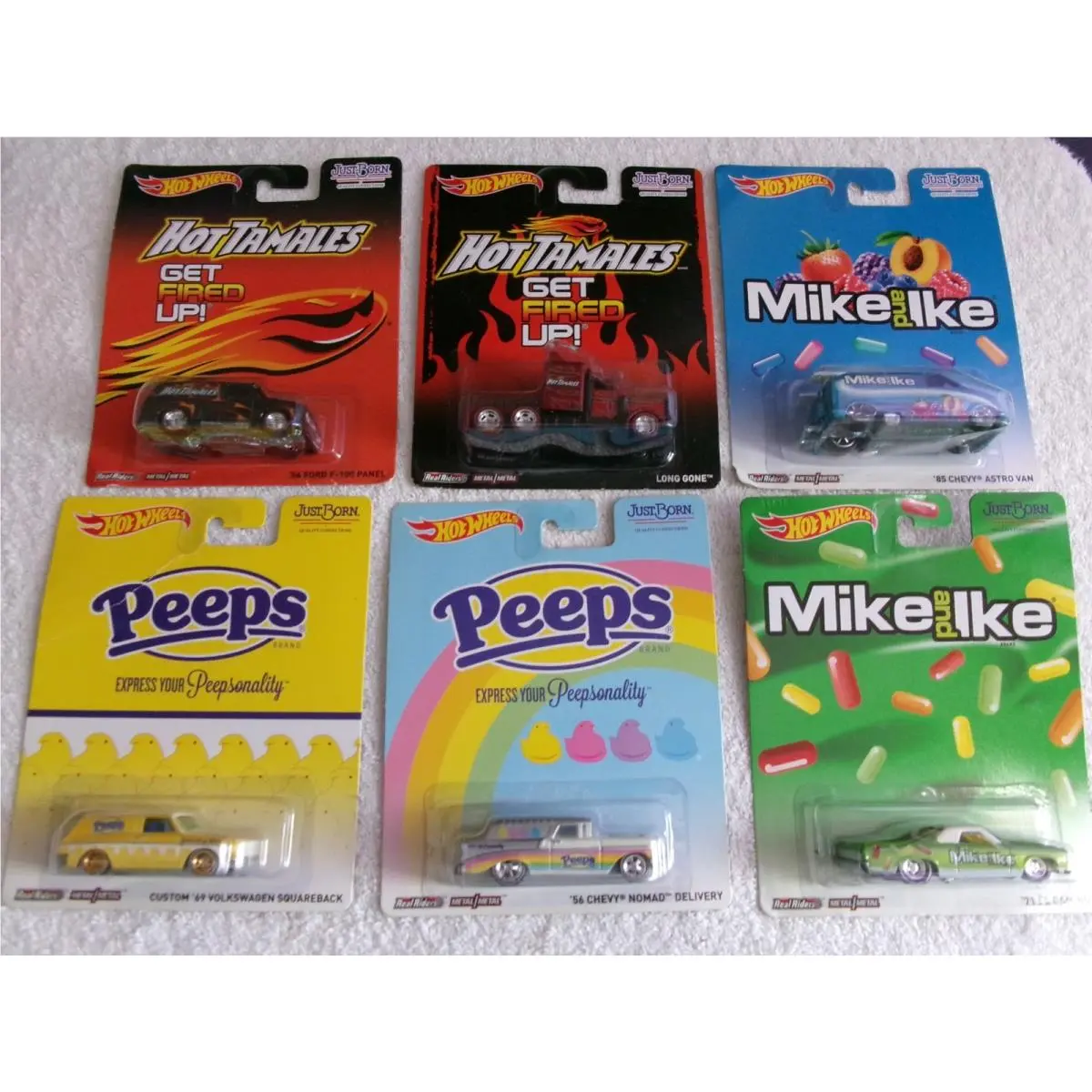 Set of 6 2013 Hot Wheels Real Riders Just Born Cars Candy Peeps Hot Tamales