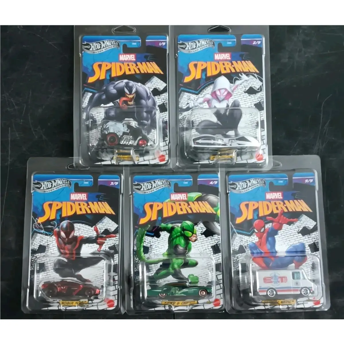 Full Set 5 Spider-man 2026 Hot Wheels Silver Series Marvel + Cases