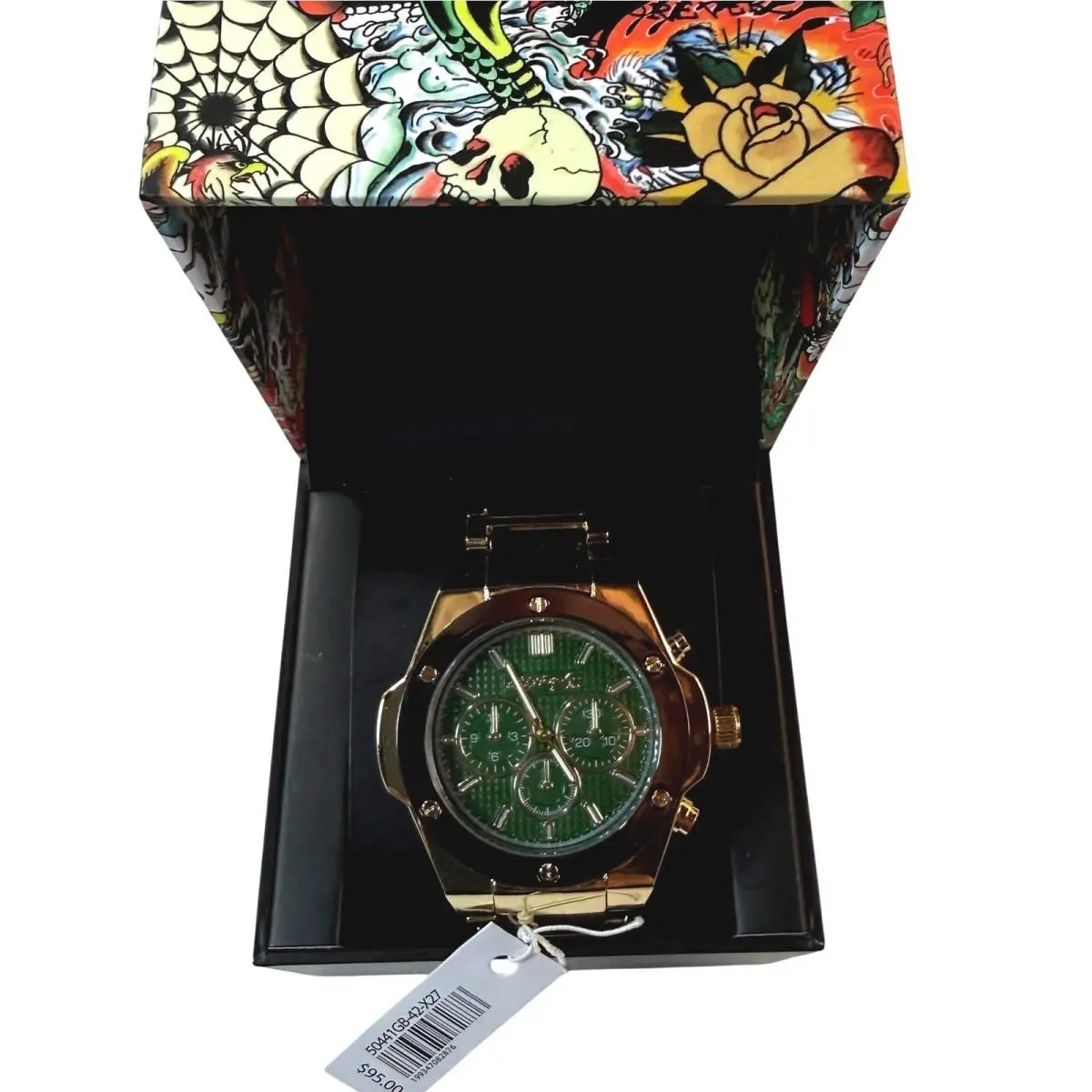 Chronograph Watch Mens Green Gold Tattoo Art Y2K Streetwear by Ed Hardy