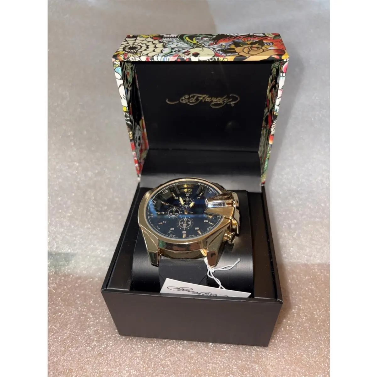 Men’s Chronograph Wrist Watch with A Gold- Tone Case Blue Dial by Ed Hardy