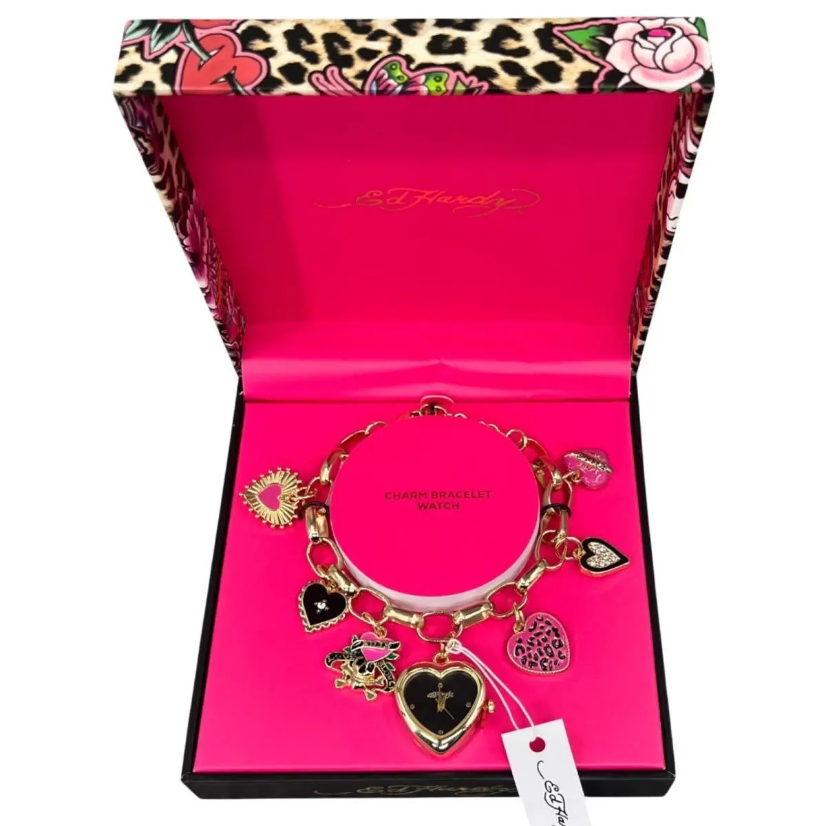 Charm Bracelet Watch Heart Charms Gold Tone w/ Tattoo Art Gift Box by Ed Hardy