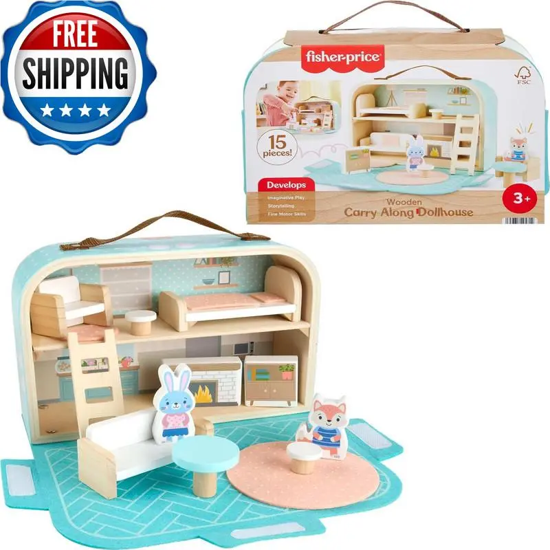 Fisher-price Wood Pretend Play Toy Dollhouse Carry Along 15-Piece Wooden