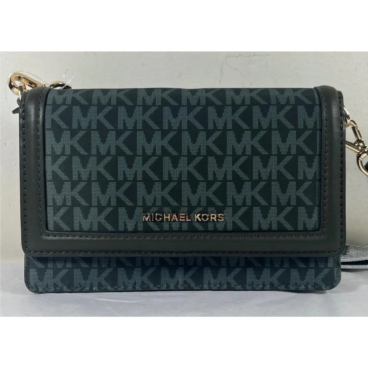 Jet Set MK Signature Storm Grey Nylon Mall Phone Crossbody Bag Green Ivy/gold by Michael Kors