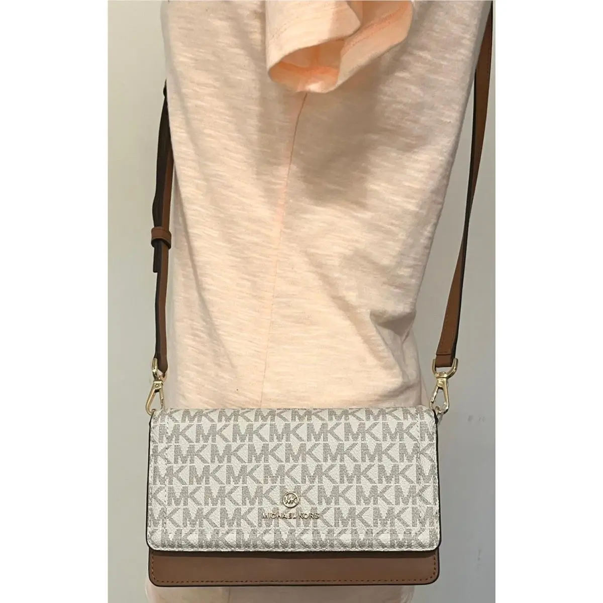 Jet Set Charm MK Signature Colorblock Phone Crossbody Bag Vanilla Mk/ brown by Michael Kors