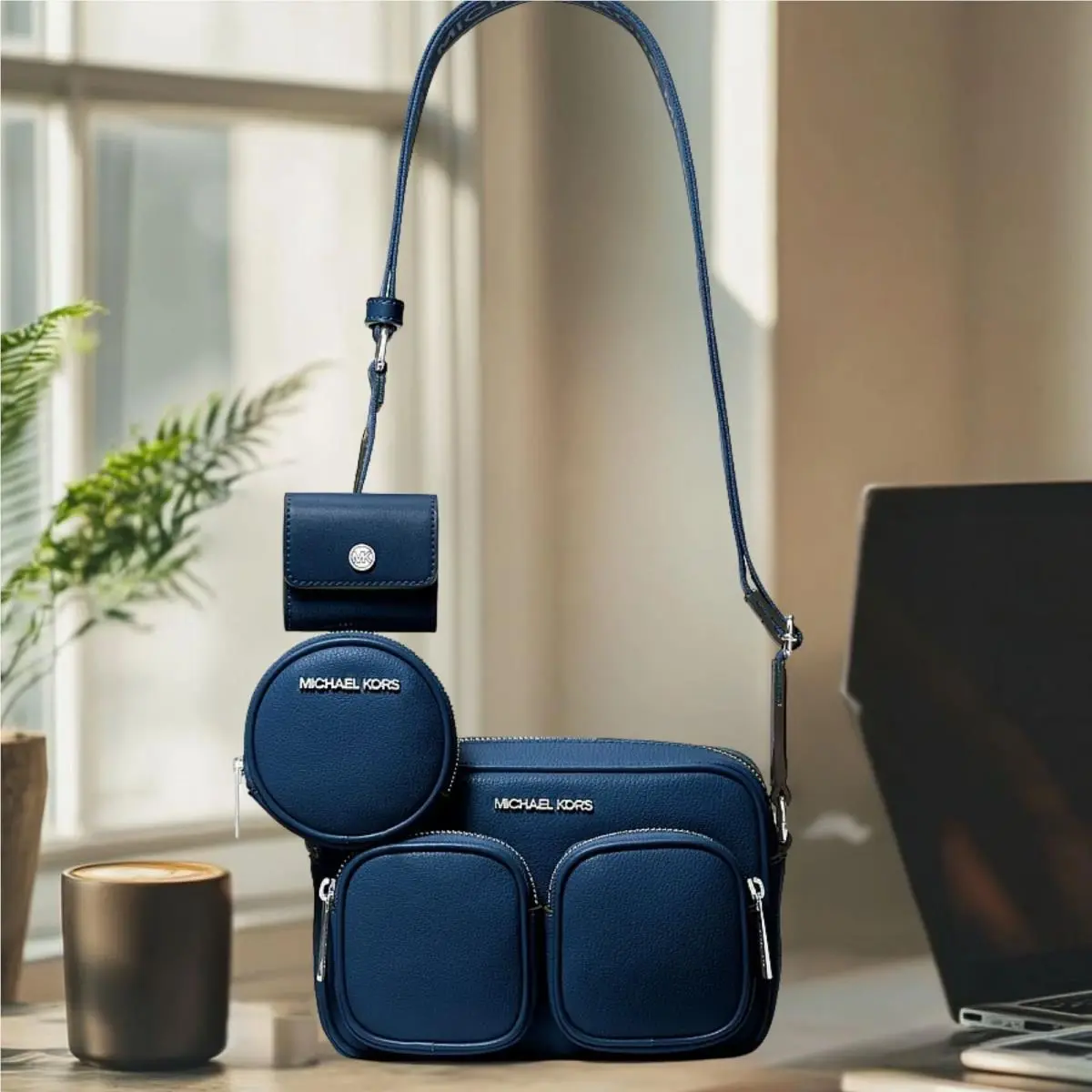 Jet Set Women MD Leather Crossbody Bag with Airpods Case Variation NAVY by Michael Kors
