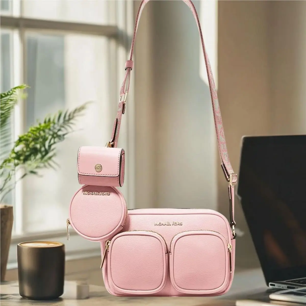 Jet Set Women MD Leather Crossbody Bag with Airpods Case Variation POWDER BLUSH by Michael Kors