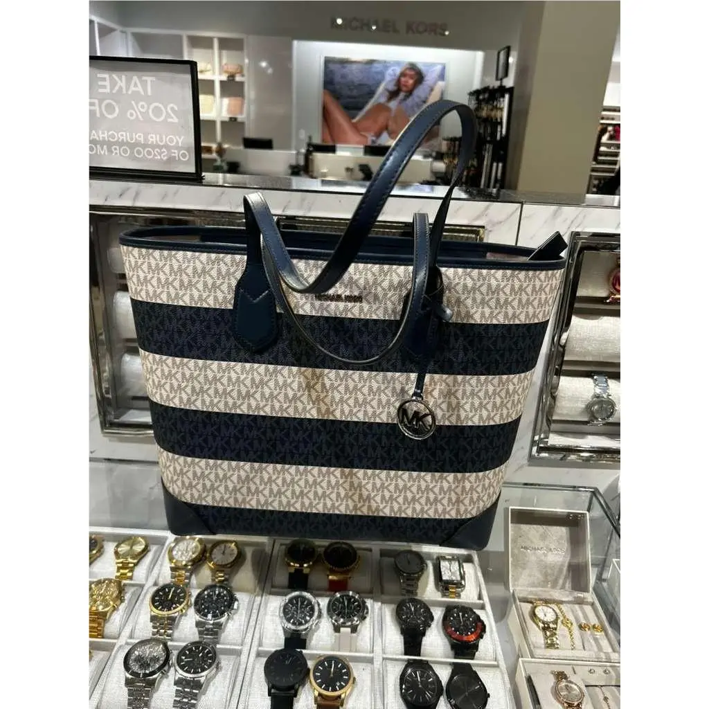 Michael Kors Eva Women Large Striped Signature Logo Shoulder Tote Bag Handbag MK