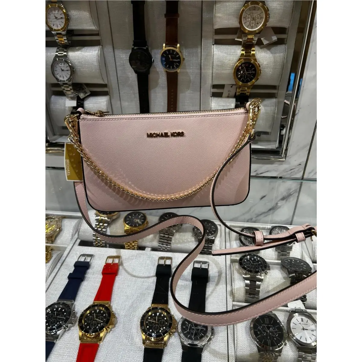 Jet Set Women Medium Saffiano Leather Crossbody Pouch Bag Variation POWDER BLUSH by Michael Kors