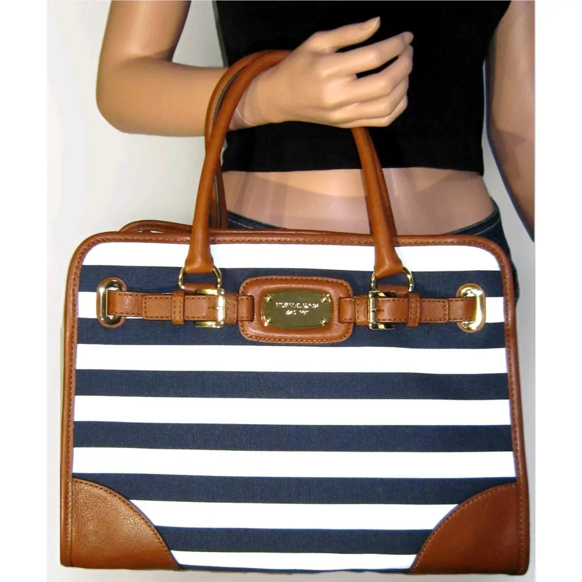 Hamilton Large Navy Blue White Stripe Brown Leather Tote Bag by Michael Kors