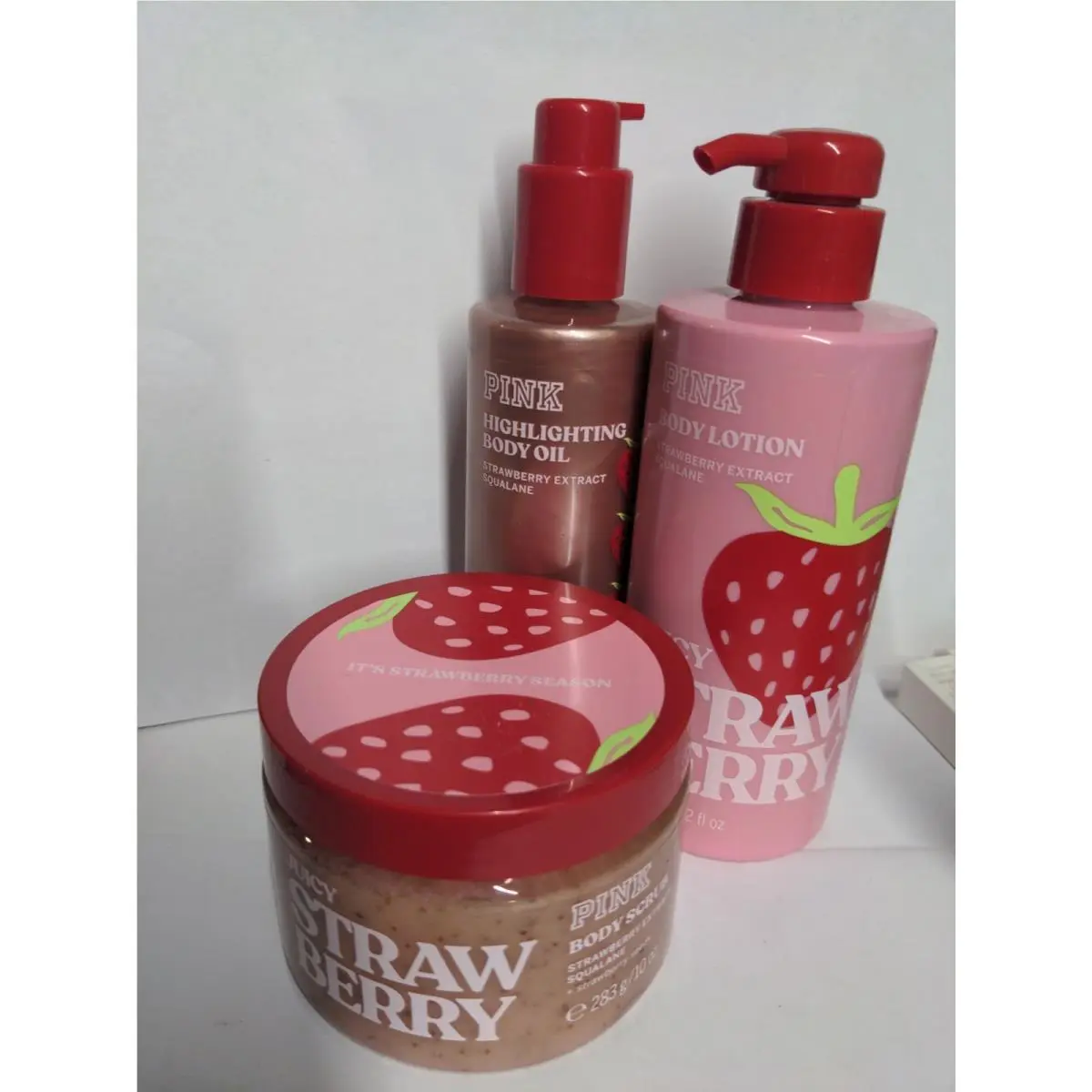 Victoria`s Secret Victoria`s Secpink Juicy Strawberry Body Lotion w/ 12 oz Body Scrub Body Oil
