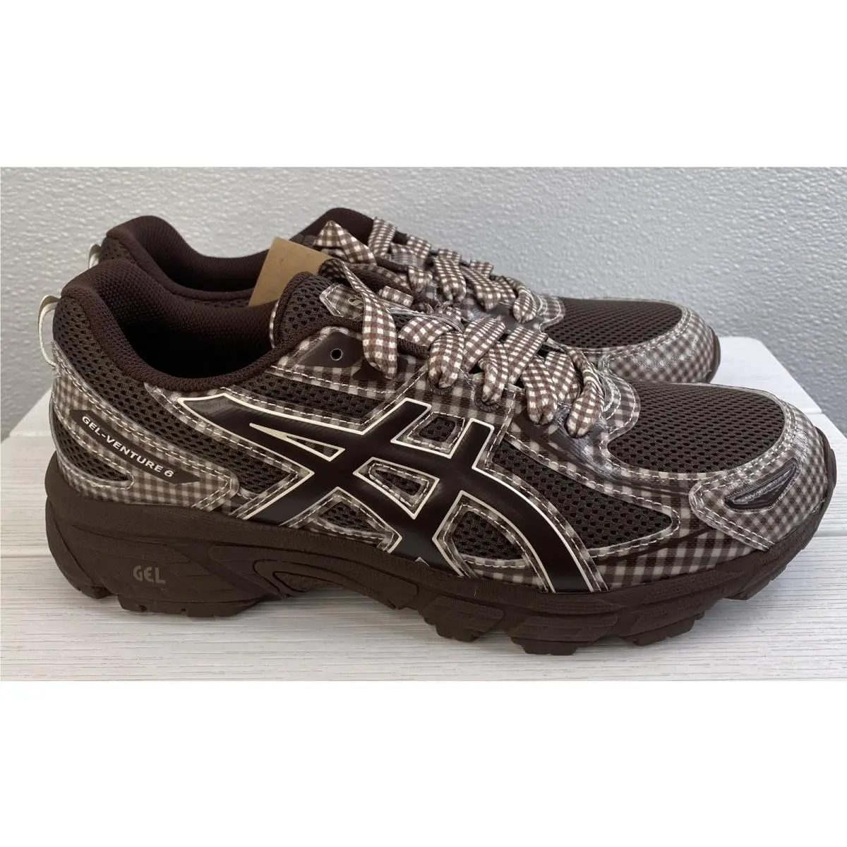 Asics Gel-venture 6 x Story Mfg. Unisex M8.5 W10 Reddish Brown Gingham Sneakers