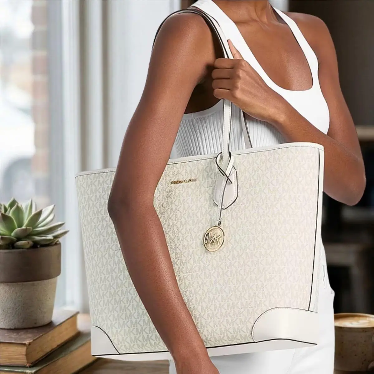 Eva Women Large Signature Logo Top Zip Tote Bag Light Cream Multi by Michael Kors
