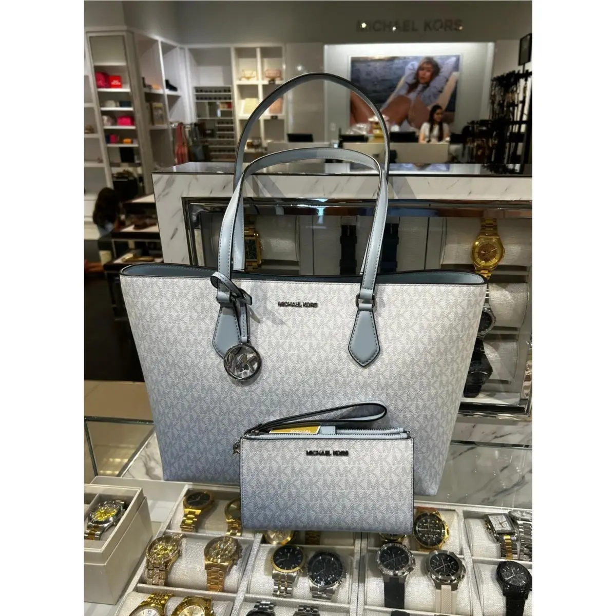 Michael Kors Sheila Women Large Ombré Logo Tote Bag + Double Zip Set Pale Ocean
