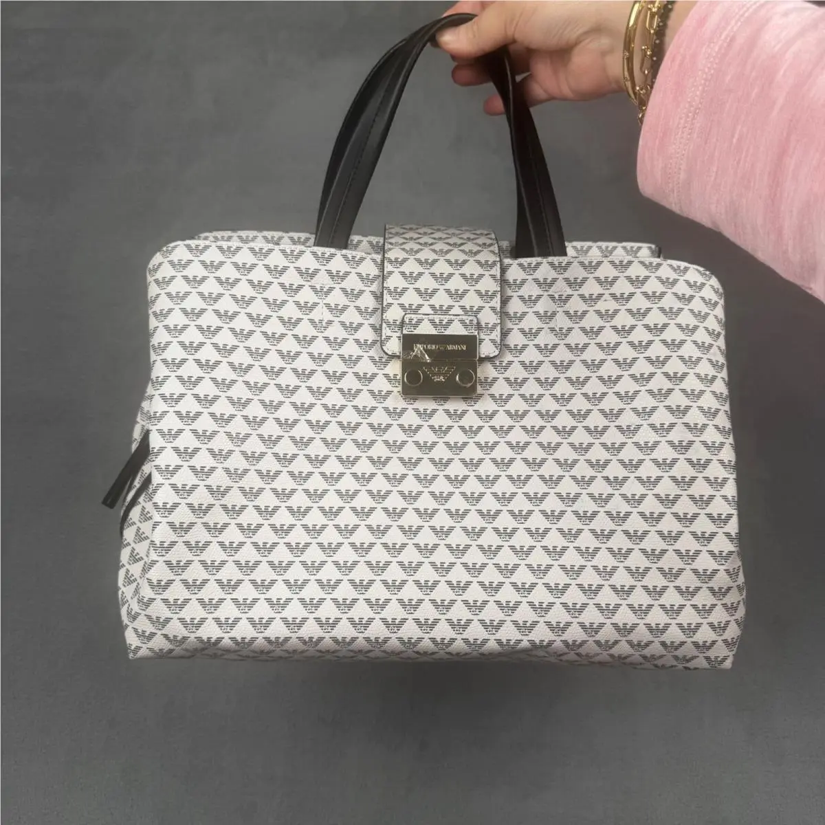 Emporio Armani Eagle Monogram Satchel Handbag White Black Gold Logo Strap