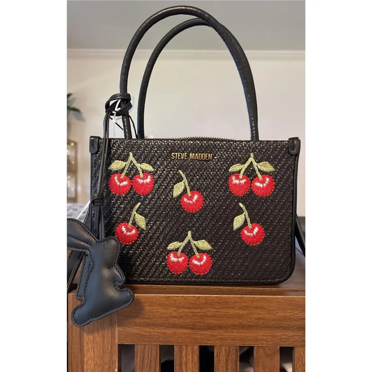 Steve Madden Embroidered Cherry Crossbody Top Handle Satchel Purse Woven