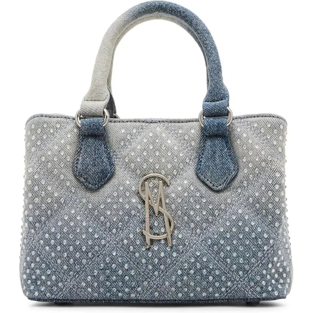 Steve Madden Mickey Rhinestone Quilted Faded Denim Top Handle Shoulder Bag