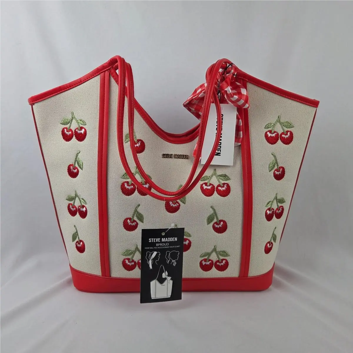 Steve Madden Large Cherry Tote Shoulder Bag Bproud Red/beige Ribbon
