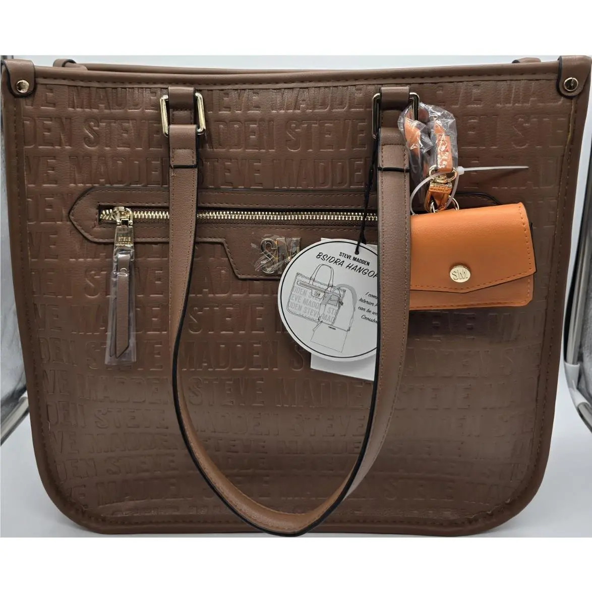 Steve Madden Brown Tote Bag Gold Hardware Embossed Logo Interior Pouch Women