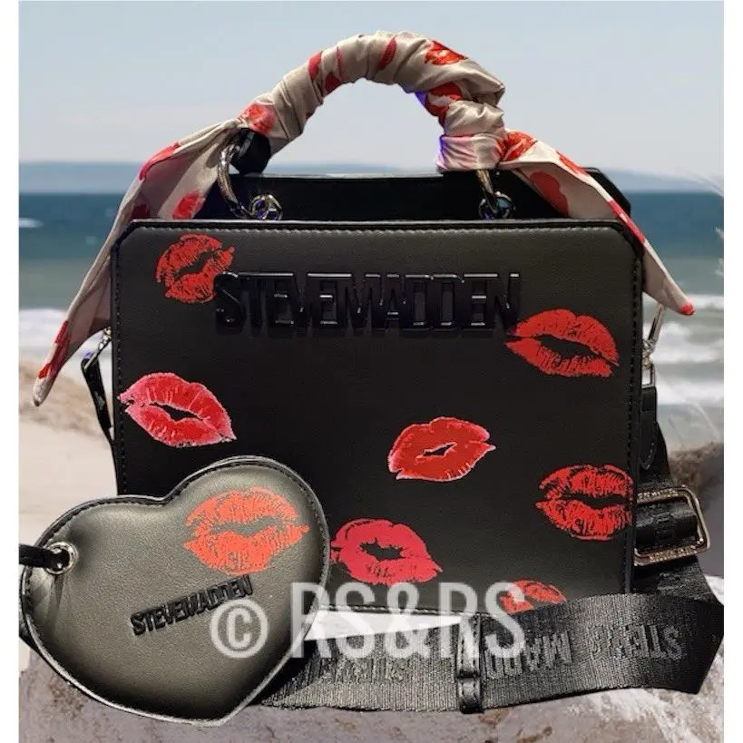 Steve Madden Black Bevelyn Lip Kiss Print Crossbody Satchel Scarf Heart Mirror