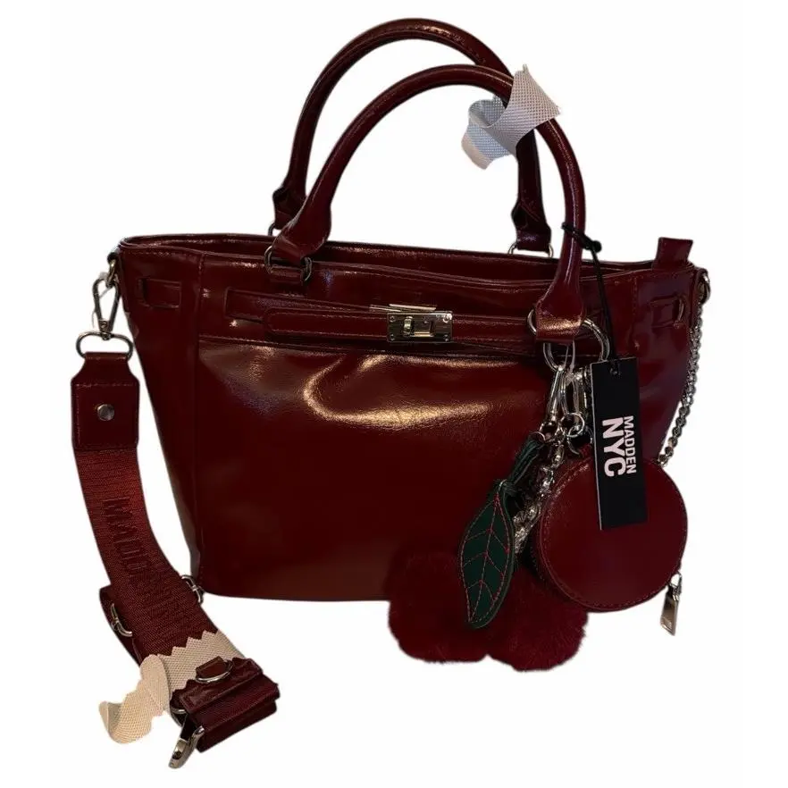 Madden Nyc Cherry Red Satchel with Detachable Strap Pom Pom and Bag Charm Read