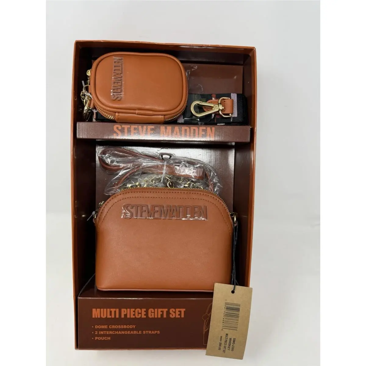 Steve Madden Multi Piece Gift Set Crossbody Logo Strap Pouch Keyring Rust
