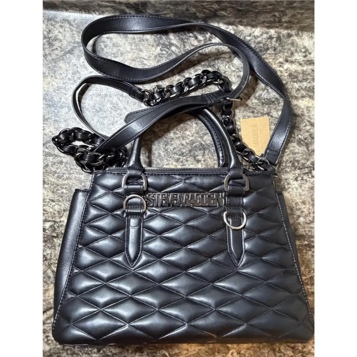 Steve Madden Quilted Satchel Crossbody Bag Black Leather Chain Strap