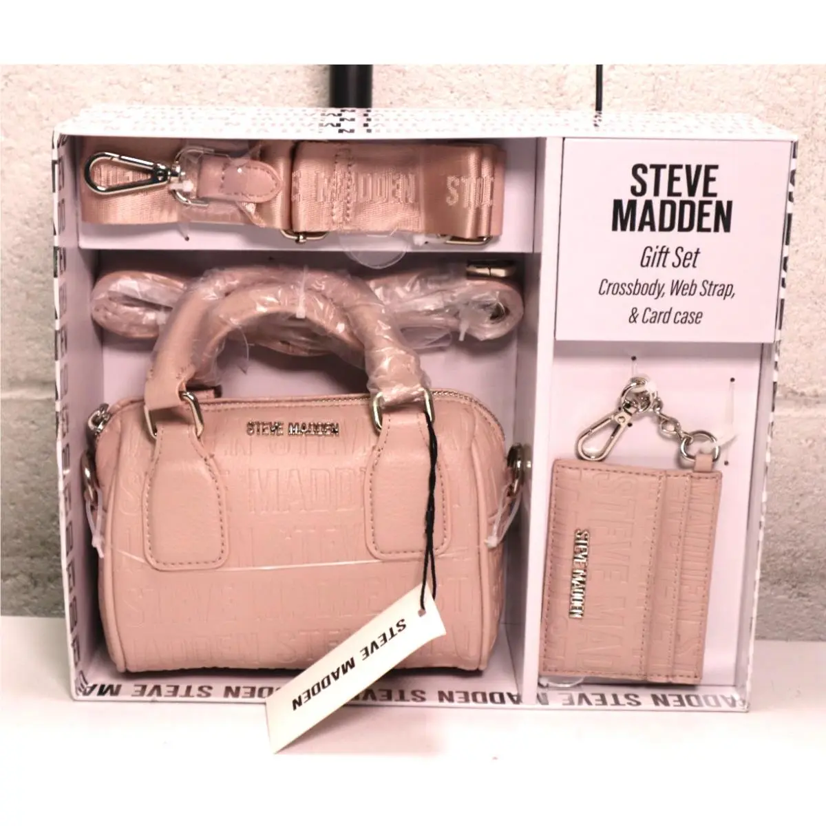 Gift Set Crossbody Purse Webbed Strap and Coin Purse Keychain Pink by Steve Madden