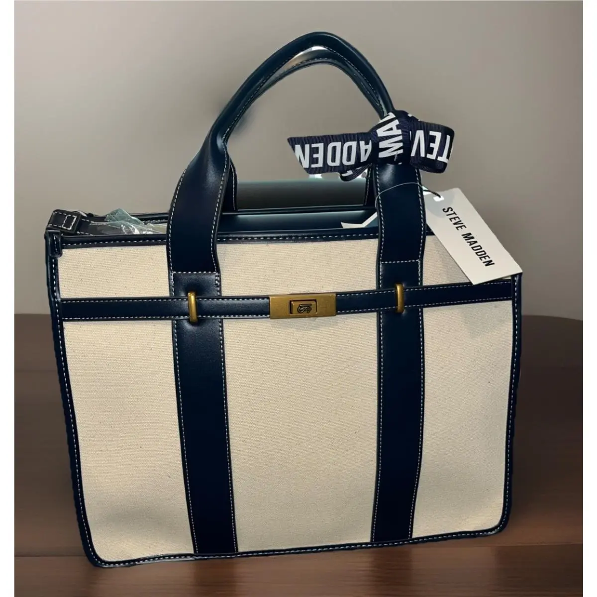 Steve Madden Luxury Navy Beige Satchel Crossbody Large 15x12x5
